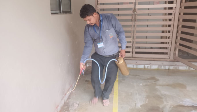 Pest control worker inspecting wall for termites.